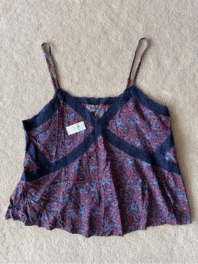 aerie Navy & Burgundy Floral Lace-Trim tank top
